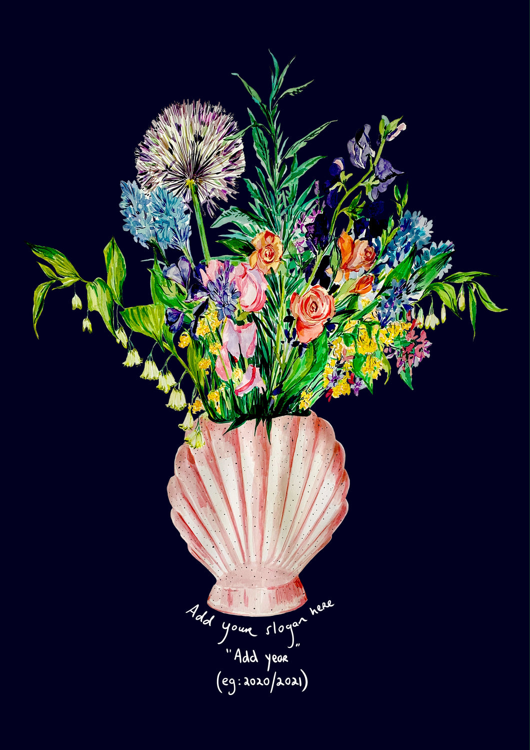 PERSONALISED Shell Vase Of Garden Blooms Winter Edition Giclée Print