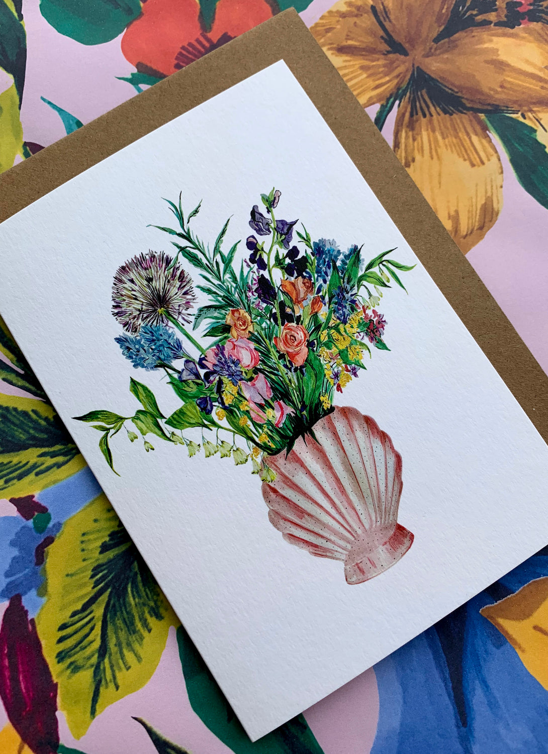 Shell Vase of Garden Blooms Card