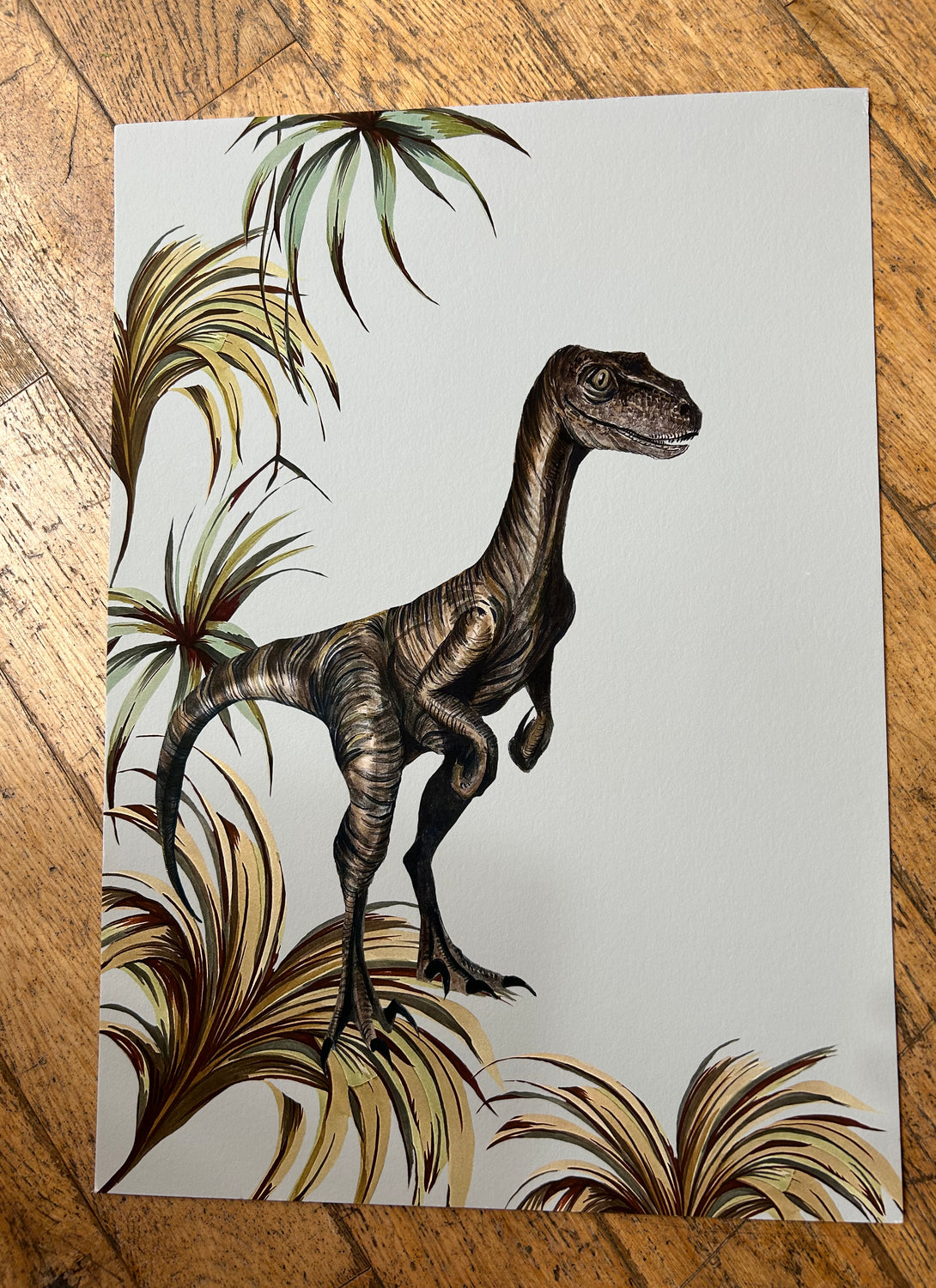 A3 Velociraptor Dinosaur Print on Pale Blue