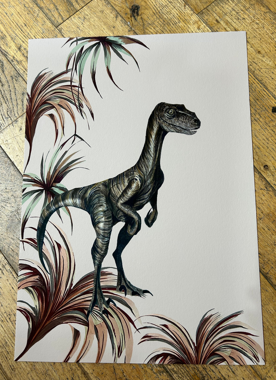 A3 Velociraptor Dinosaur Print on Pale Dusty Pink