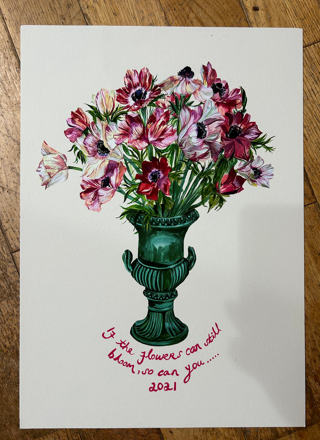 Anemones in Vintage Urn with slogan Giclée Print