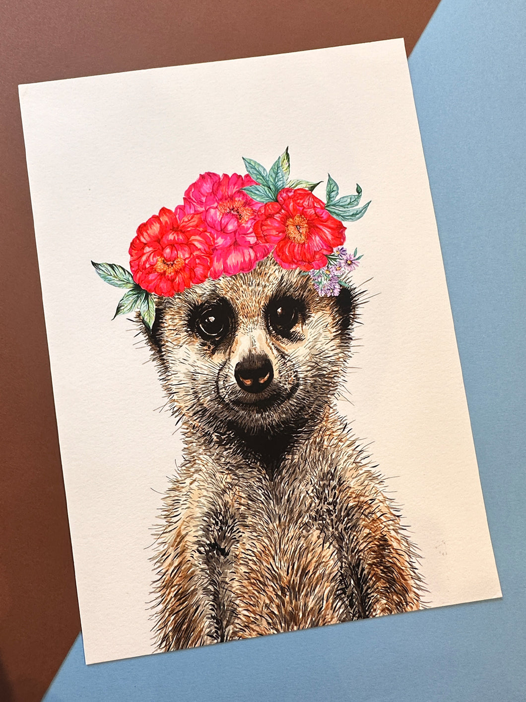 A4 Meerkat with Flowers Print