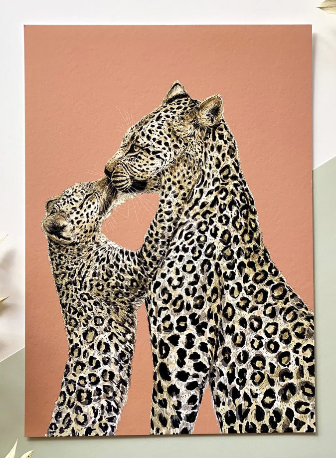 A3 Leopard Kiss on Coral Print