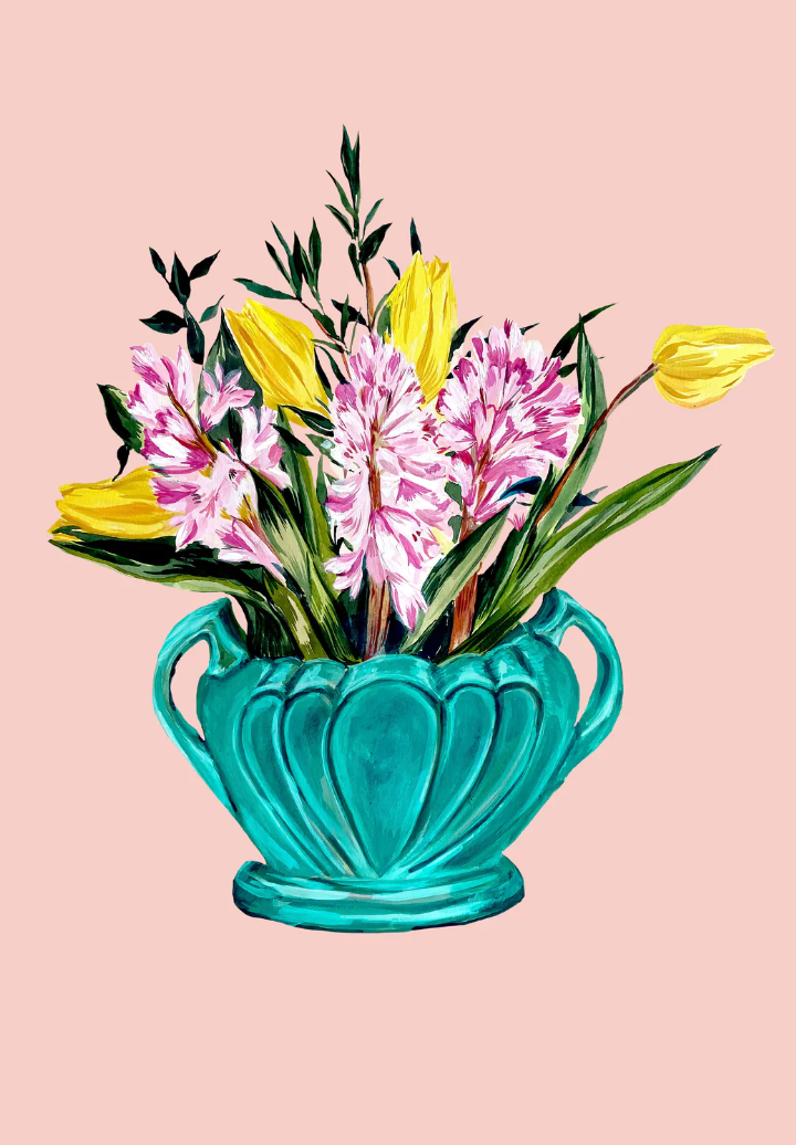 A3 Tulips & Hyacinths Giclée Print on Pink