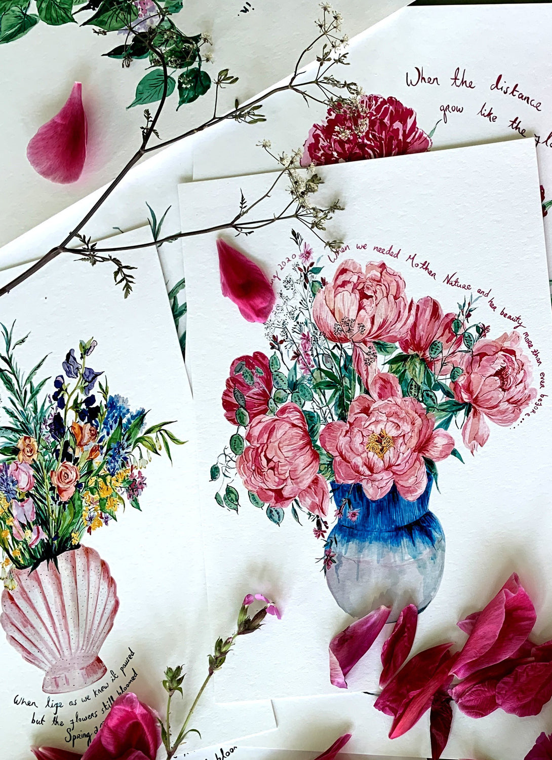 Shell Vase Of Garden Blooms Carols Slogan Giclée Print