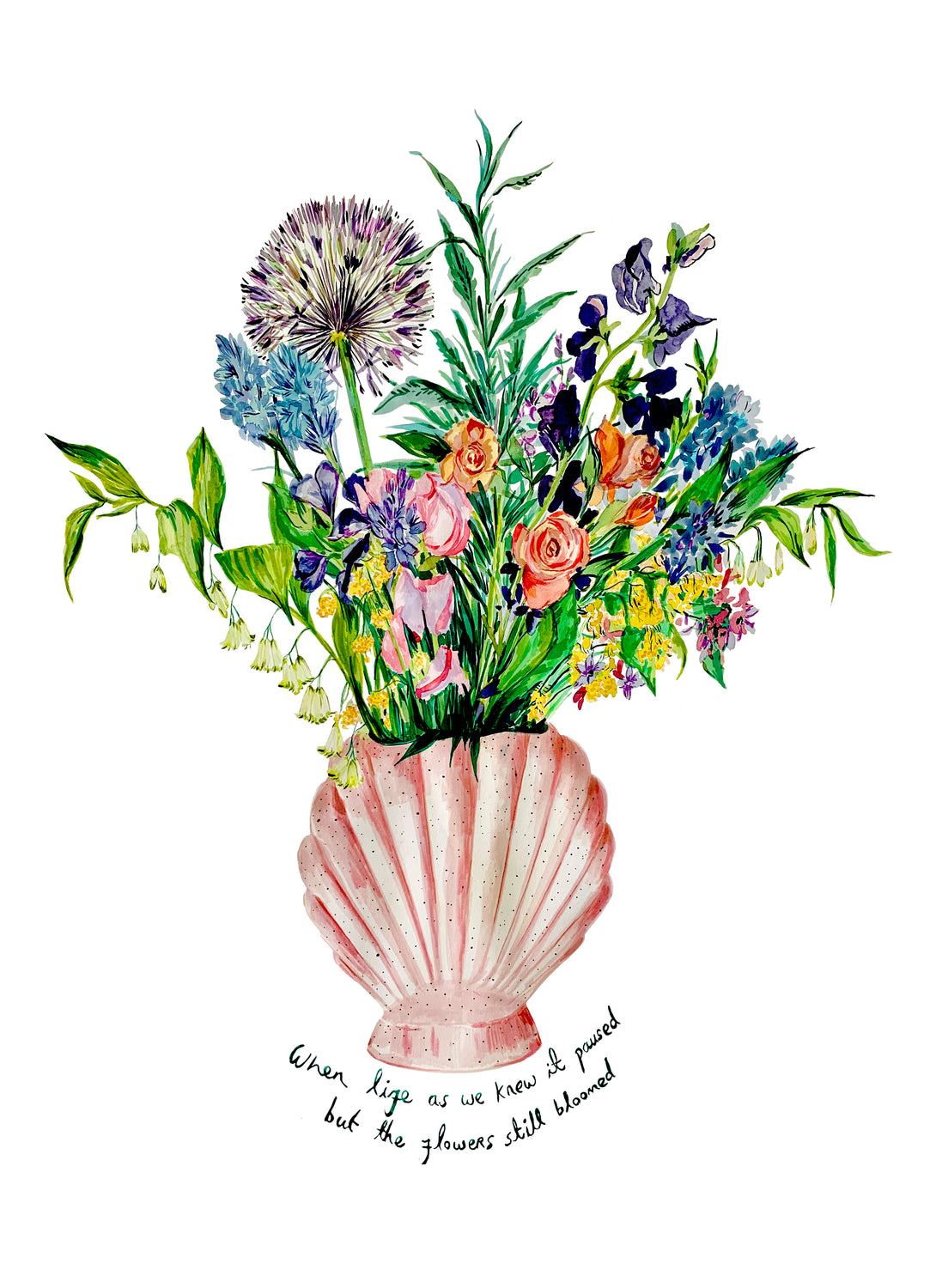 Shell Vase Of Garden Blooms Carols Slogan Giclée Print