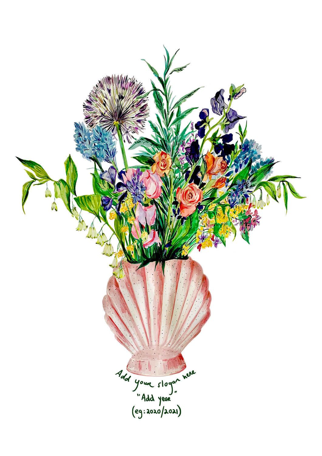 PERSONALISED Shell Vase Of Garden Blooms Giclée Print
