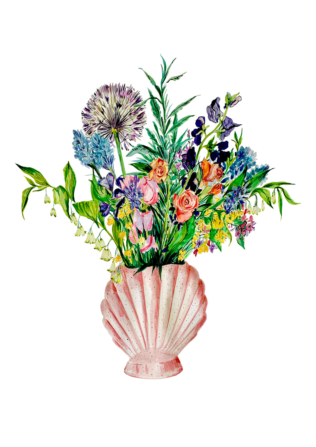 Shell Vase Of Garden Blooms Giclée Print
