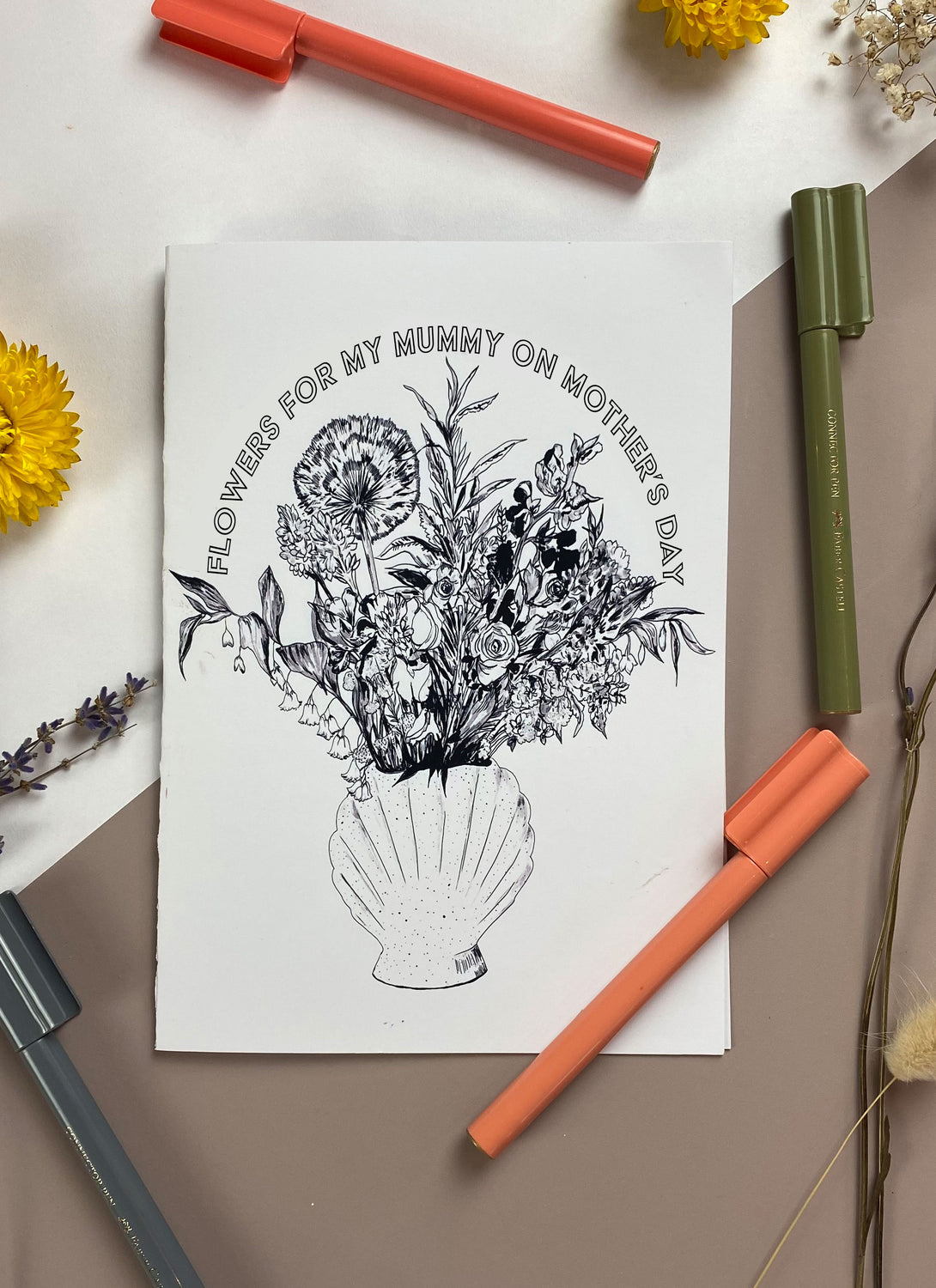 FREE Printable Mother's Day Shell Vase Colouring In Card- Mummy